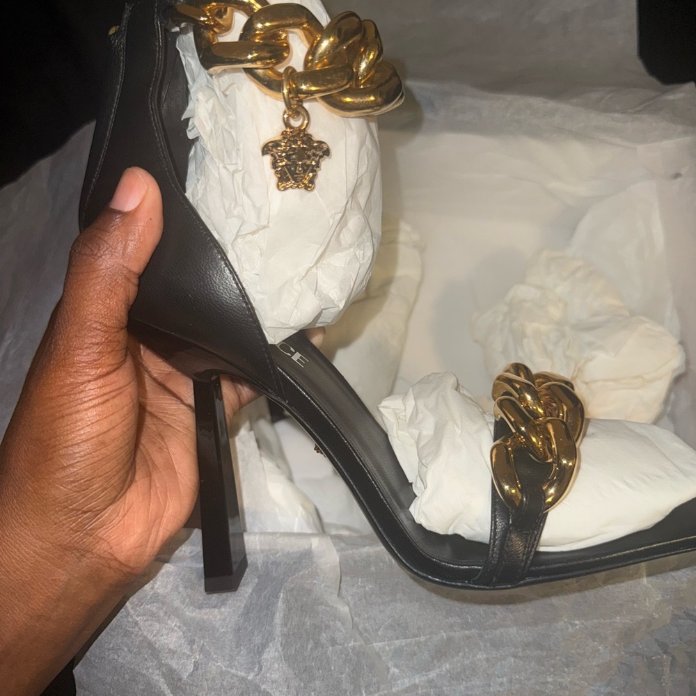 Versace Black La Medusa Heels with Gold Chain Embellishment
